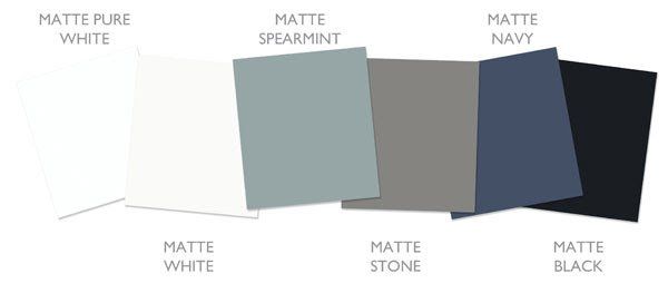 Paint swatches labeled Matte Pure White, Matte Spearmint, Matte Navy, Matte White, Matte Stone, and Matte Black.