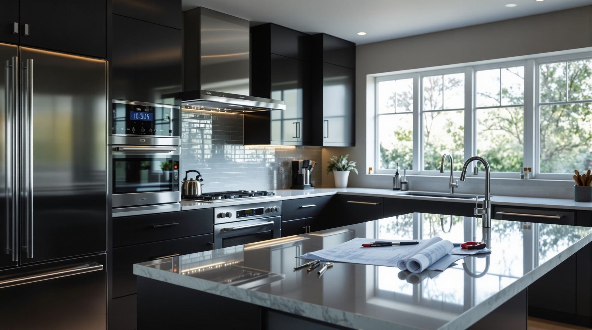 Modern kitchen with black cabinets, stainless appliances, and a glossy island by large windows