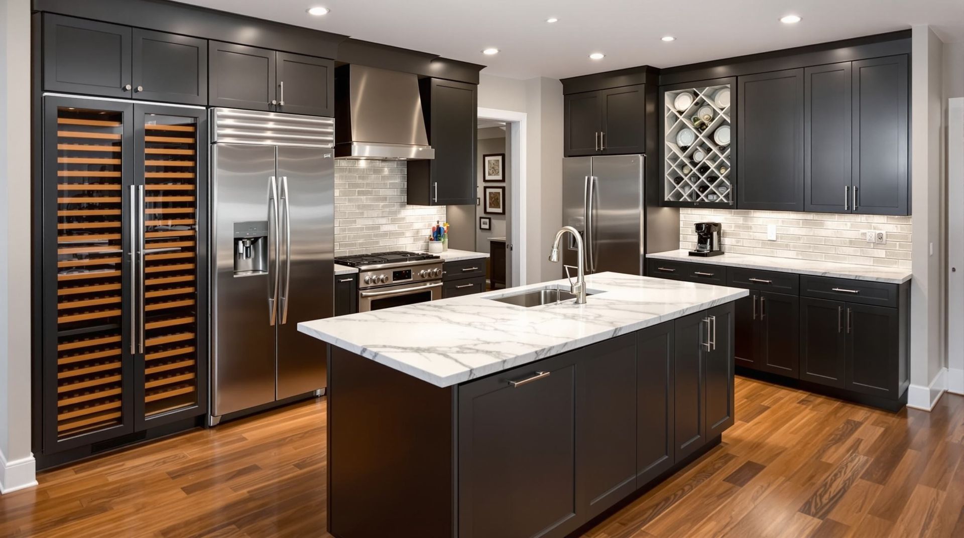 Modern kitchen with dark cabinets, stainless steel appliances, marble island, and hardwood floors.