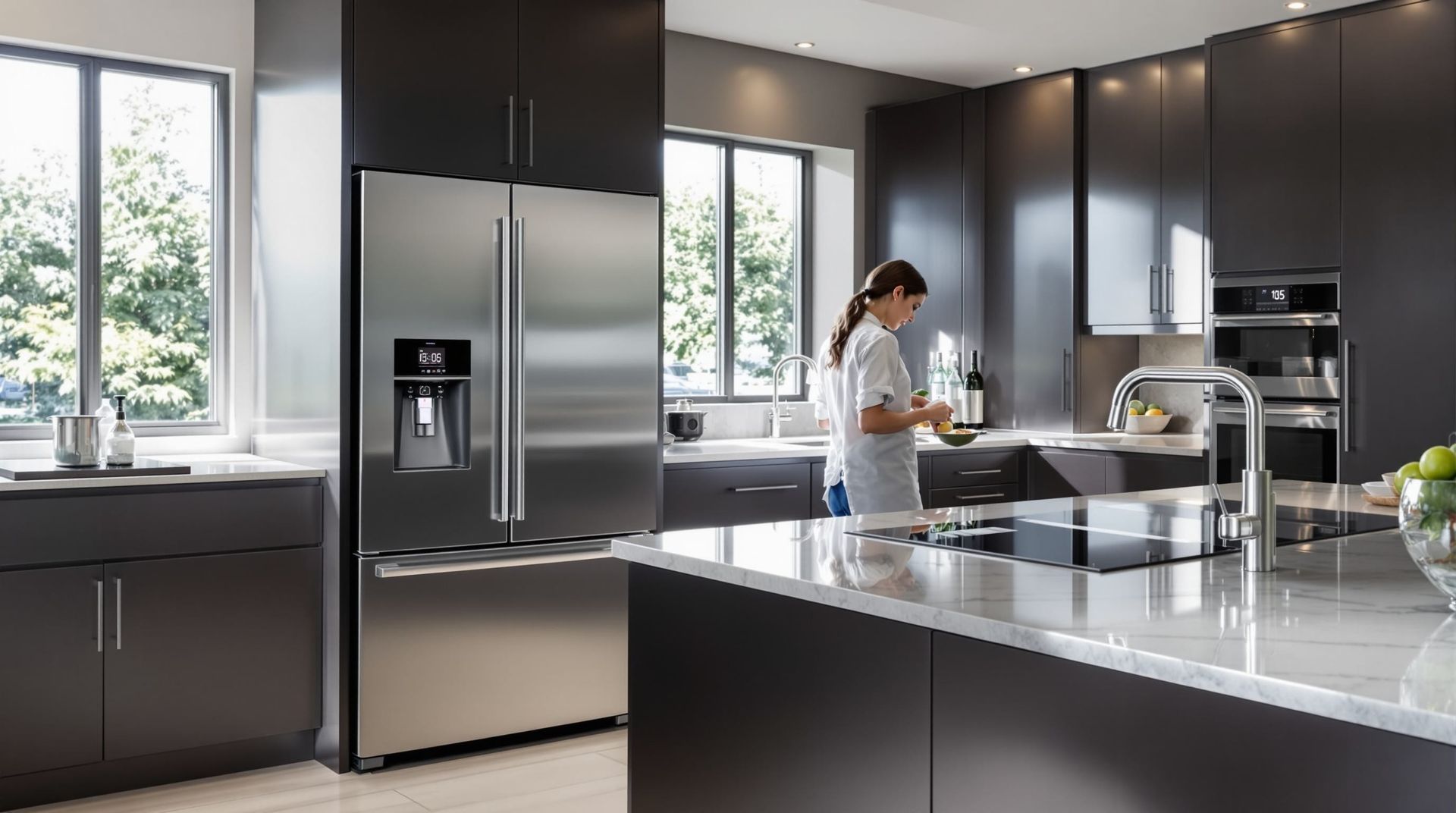 Modern kitchen with stainless steel appliances and a person preparing food at the island.