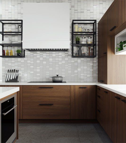 Modern kitchen with wood cabinets, white tile backsplash, hanging shelves, and a range hood over the stove