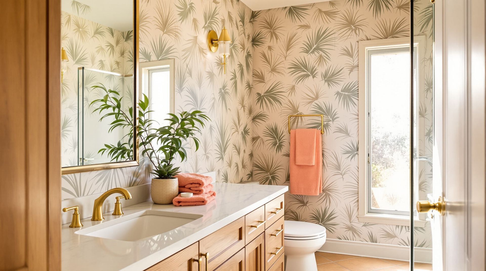 Bright bathroom with floral wallpaper, white vanity, gold fixtures, and coral towel by the window.