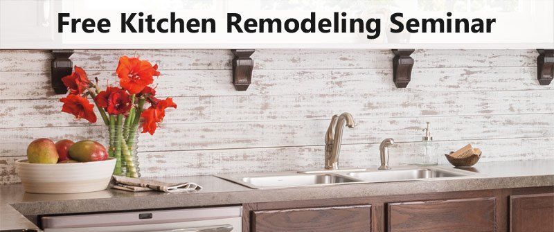 Free kitchen remodeling seminar banner with white brick wall, sink, flowers, and countertop