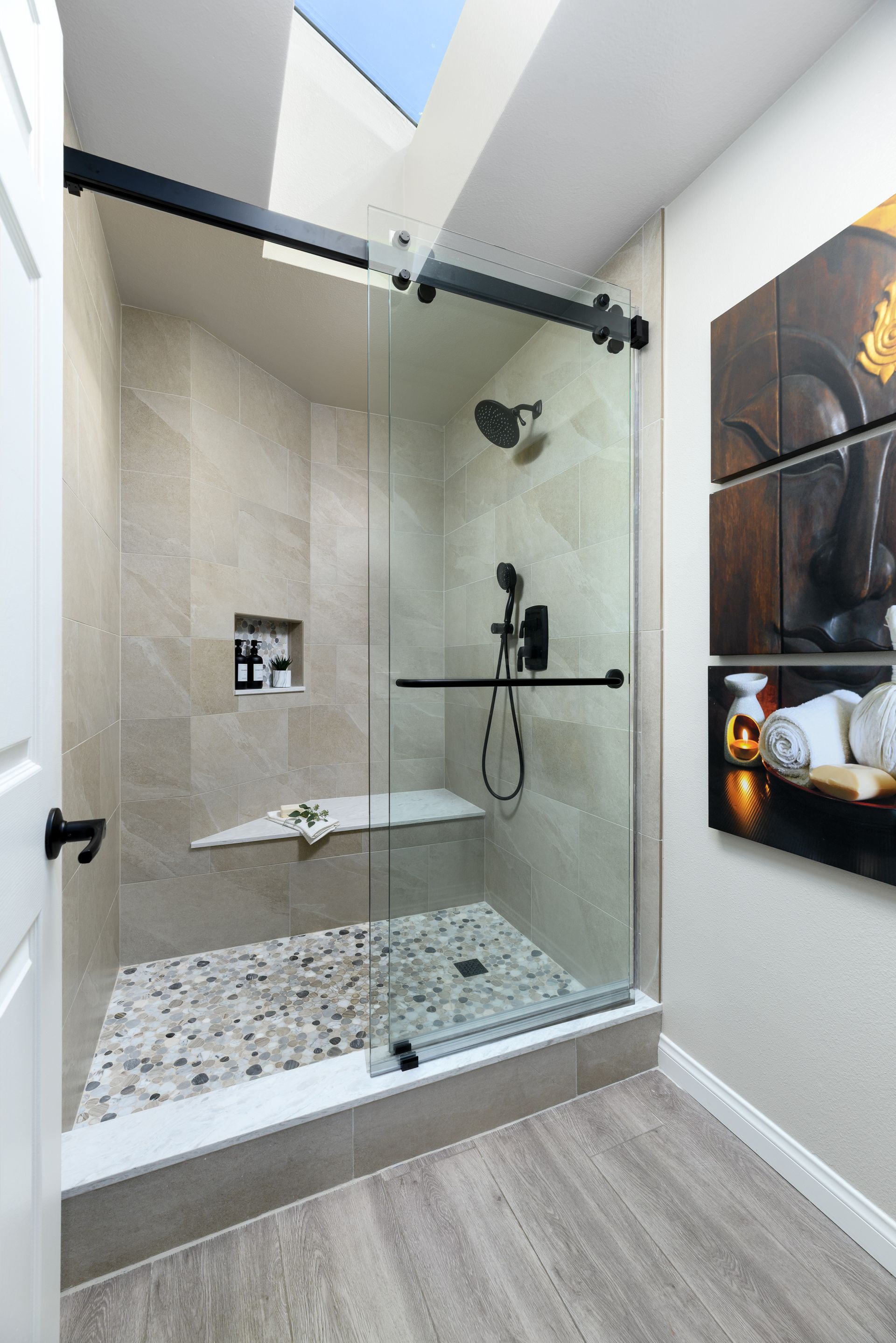 Custom walk-in shower with bench and frameless glass enclosure, Leisure Village Camarillo bathroom remodel by Westside Remodeling