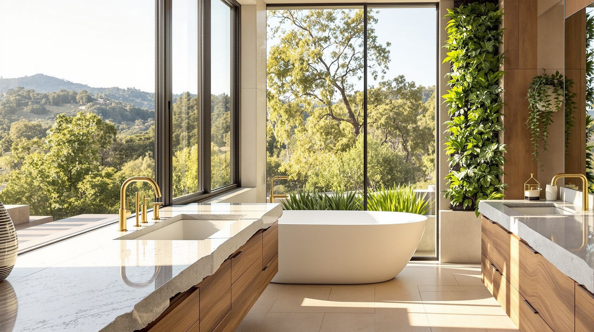 Modern bathroom with freestanding tub, marble counters, and open windows overlooking a green landscape