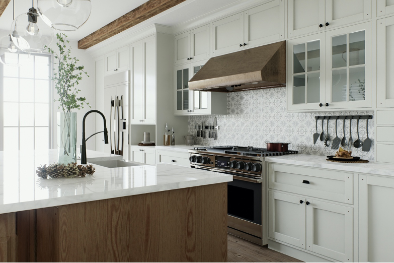 Bright white kitchen with island, farmhouse sink, stainless stove, and wood beam ceiling