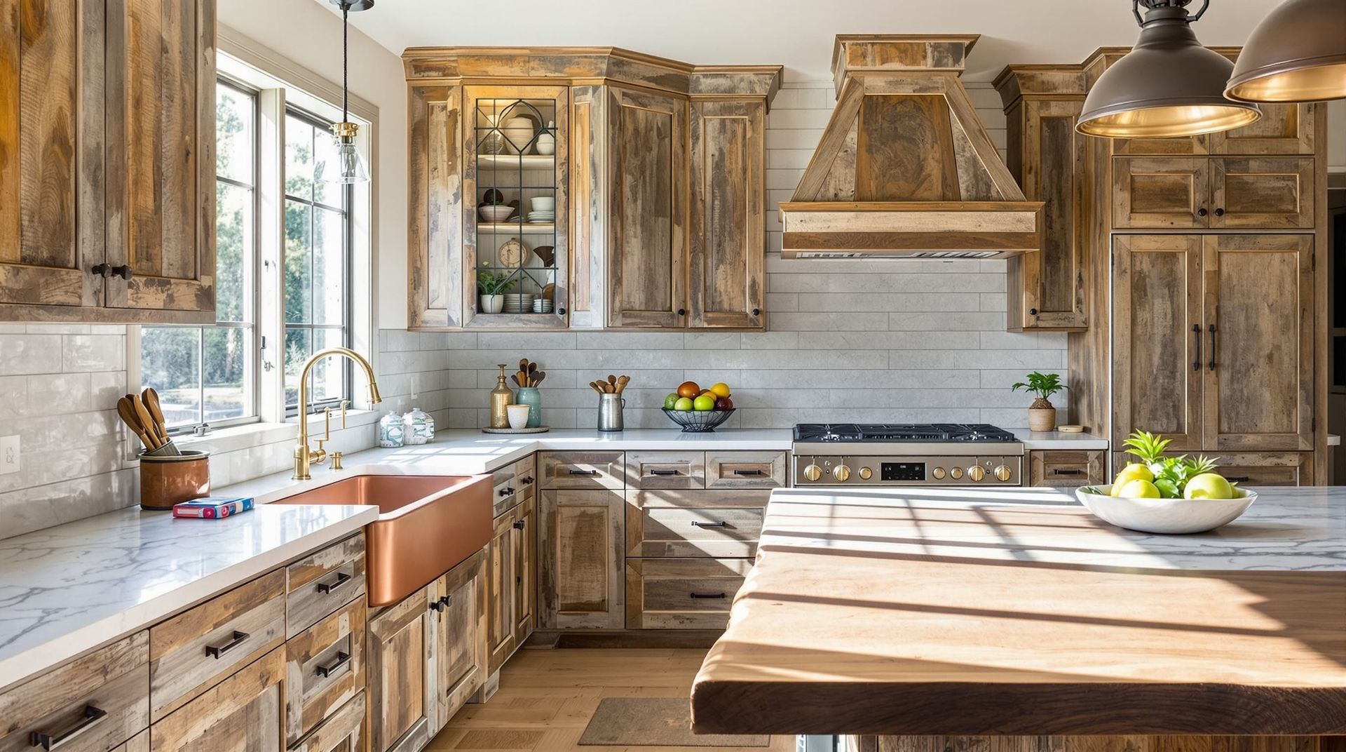 Rustic kitchen with weathered wood cabinets, white subway tile, and a large wooden island by a bright window