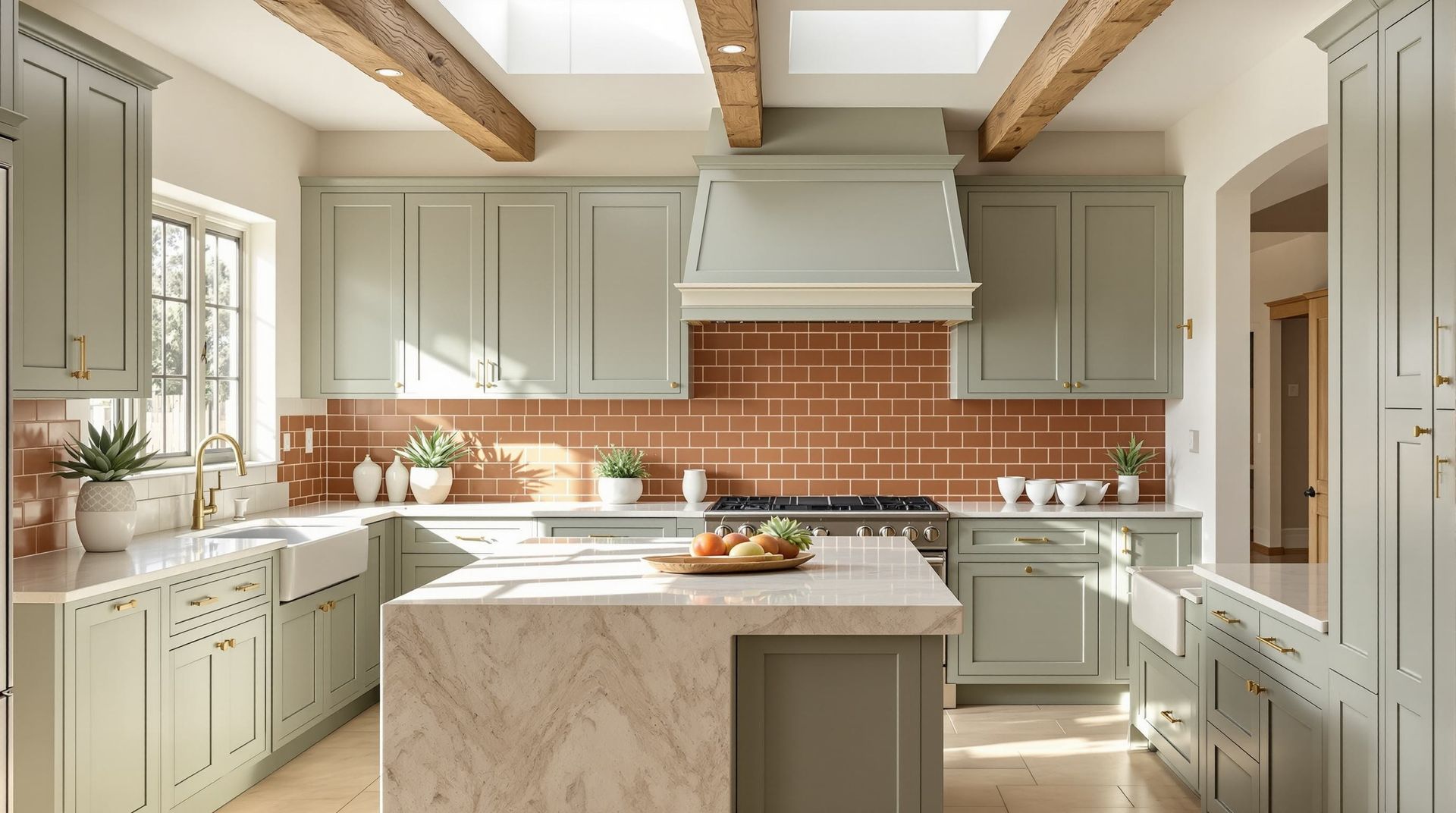 Bright modern kitchen with cream cabinets, brick backsplash, island, and wooden ceiling beams