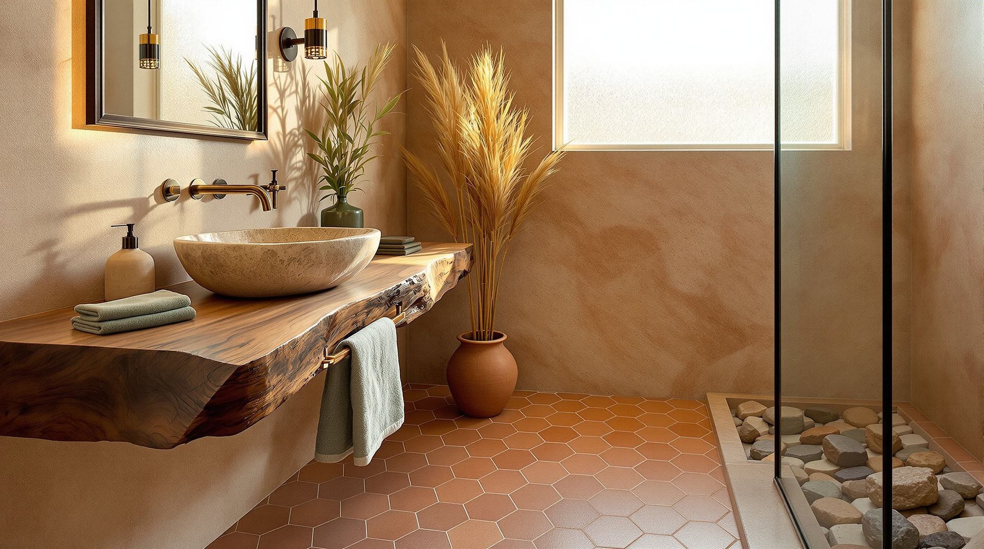 Warm minimalist bathroom with stone sink, wooden vanity, brass fixtures, and woven decor by a frosted window