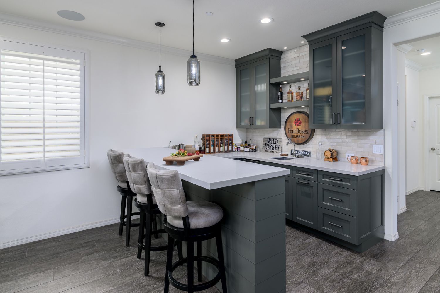 Wet Bar Addition, DuraSupreme Cabinetry, painted Cast Iron Gray color, Caesarstone Quartz Counterops, Simi Valley, CA Bar Remodel