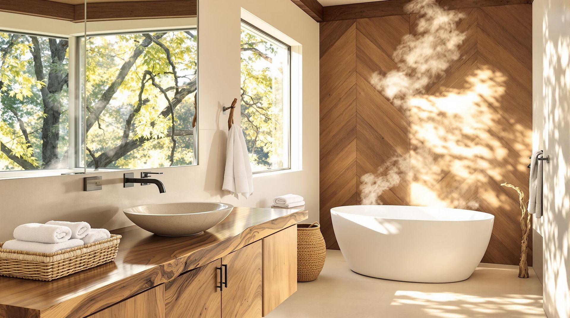 Bright modern bathroom with wooden vanity, large windows, and a freestanding tub in warm sunlight