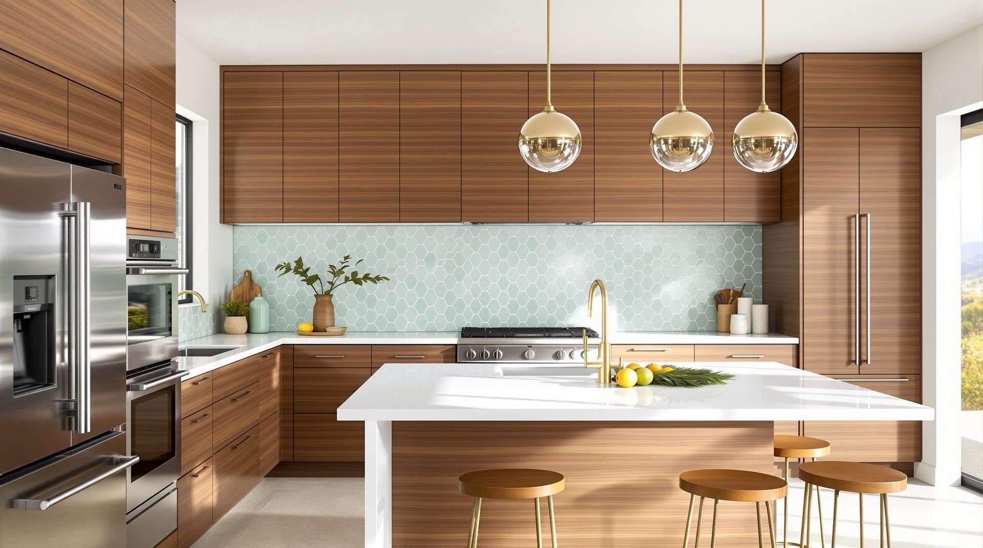 Modern kitchen with wood cabinets, white island, pendant lights, and stainless steel appliances