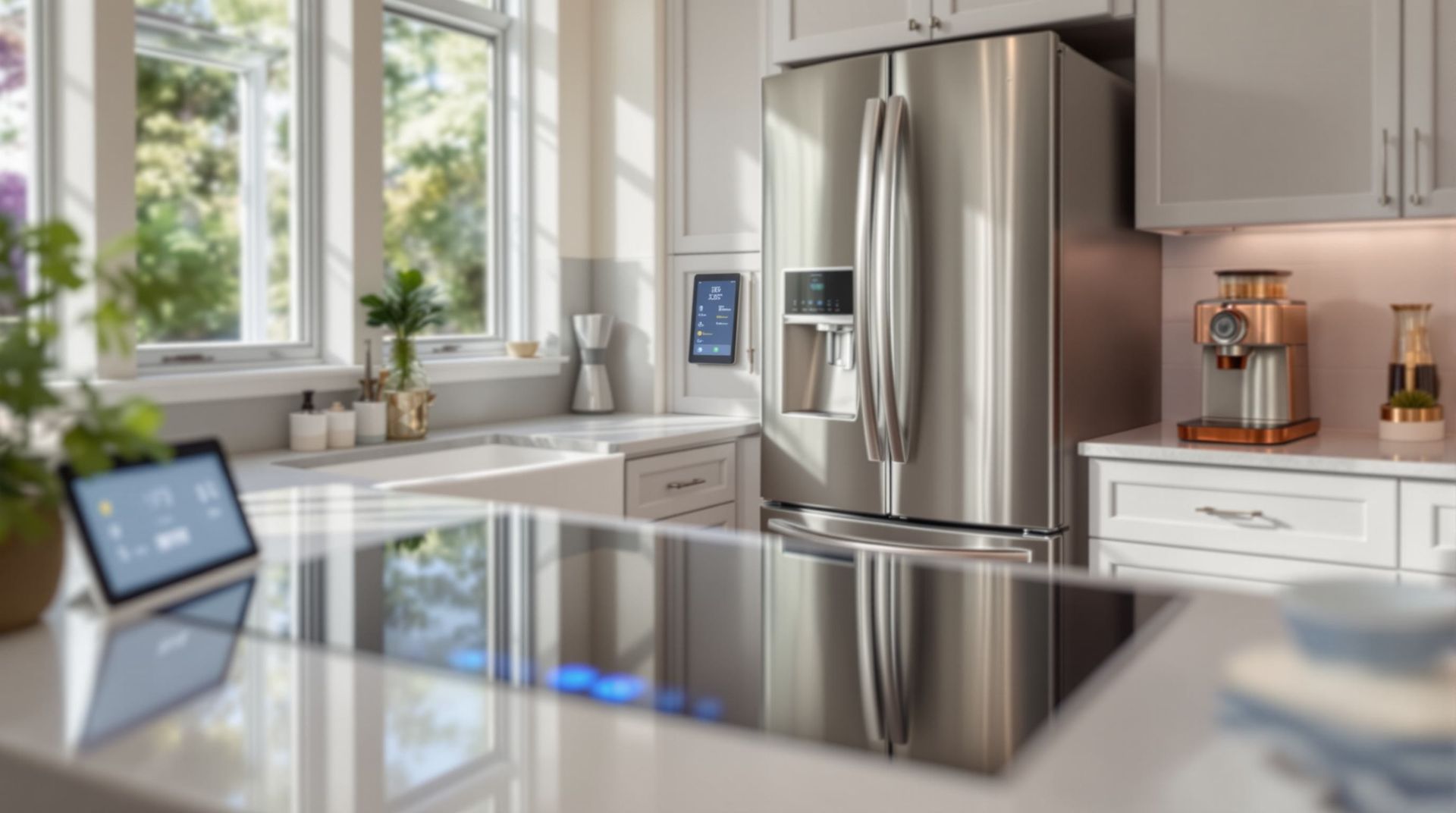 Bright modern kitchen with stainless steel fridge, sunlit windows, and a tablet on the counter