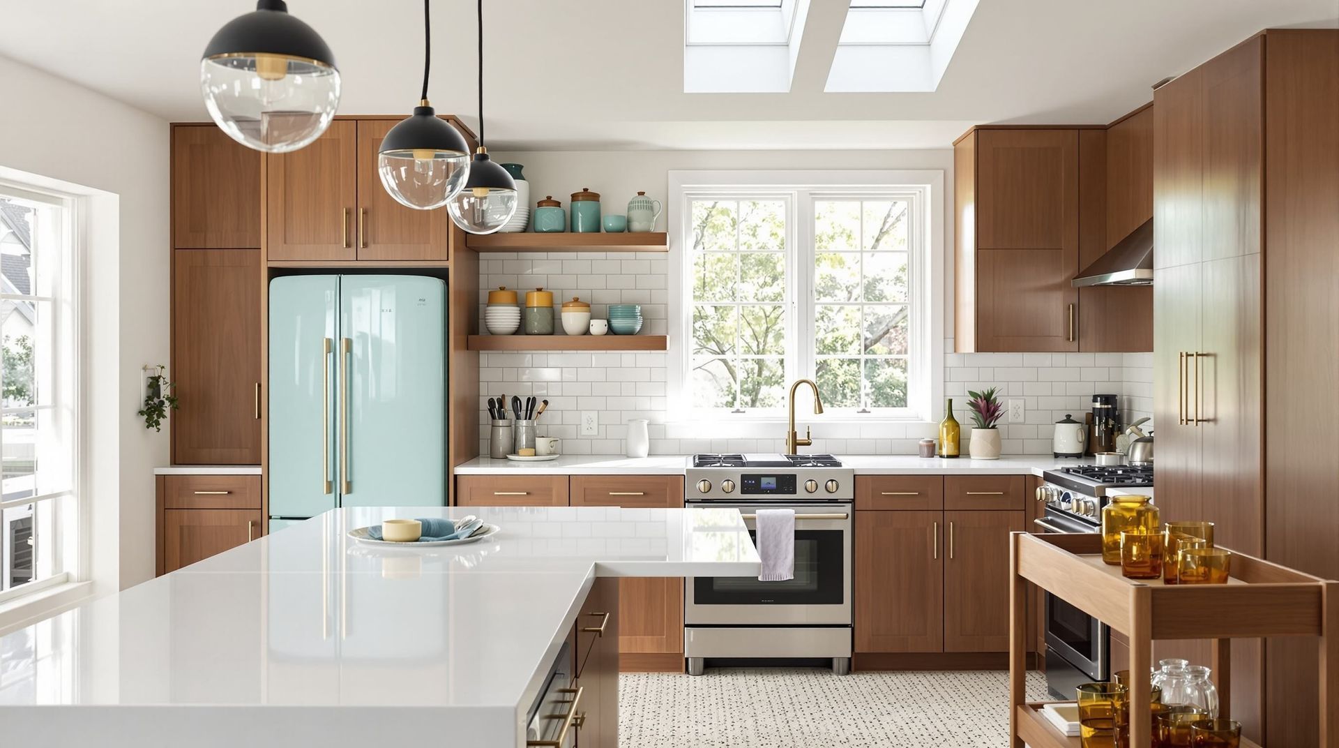 Bright modern kitchen with white island, wood cabinets, large windows, and hanging pendant lights