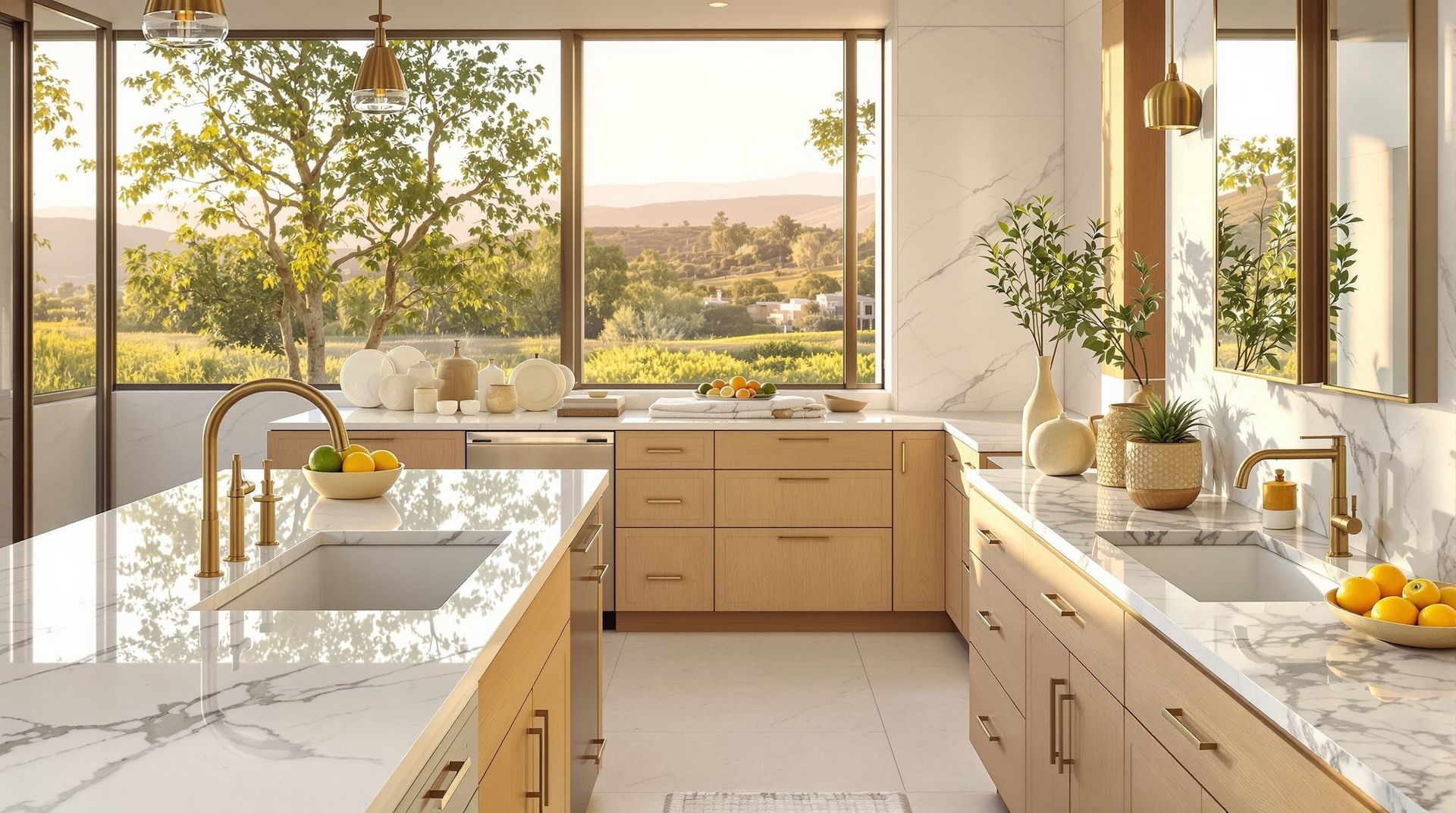 Bright modern kitchen with white countertops, wood cabinets, and large windows overlooking a sunny garden.