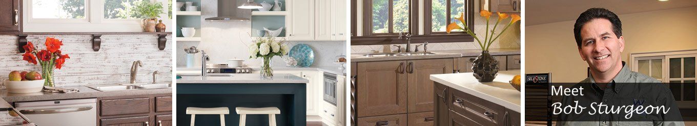 Collage of bright kitchen interiors and a smiling man’s portrait with text overlay on the right