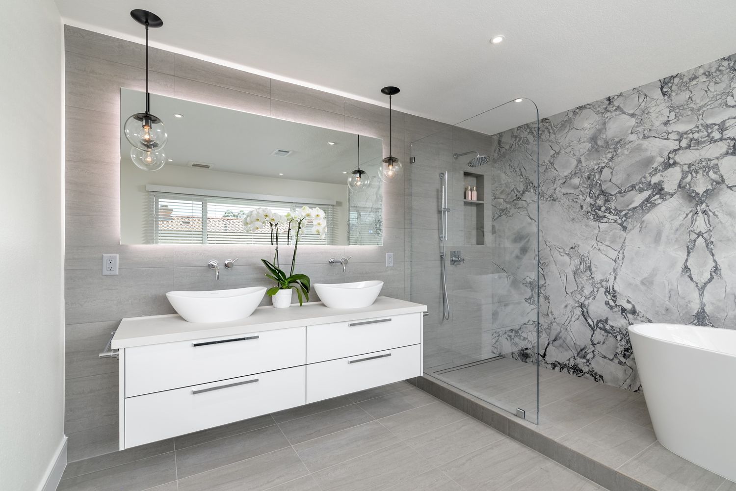 Contemporary Master Bathrooms with Marble  Accent Wall,  Rancho Conejo Community, Newbury Park