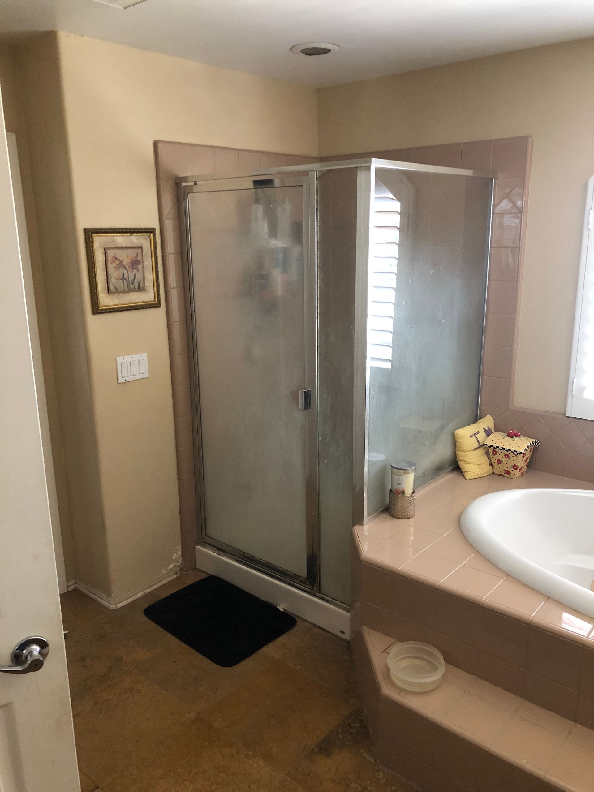 Outdated primary bathroom shower and tub before remodel, Casa Conejo Newbury Park