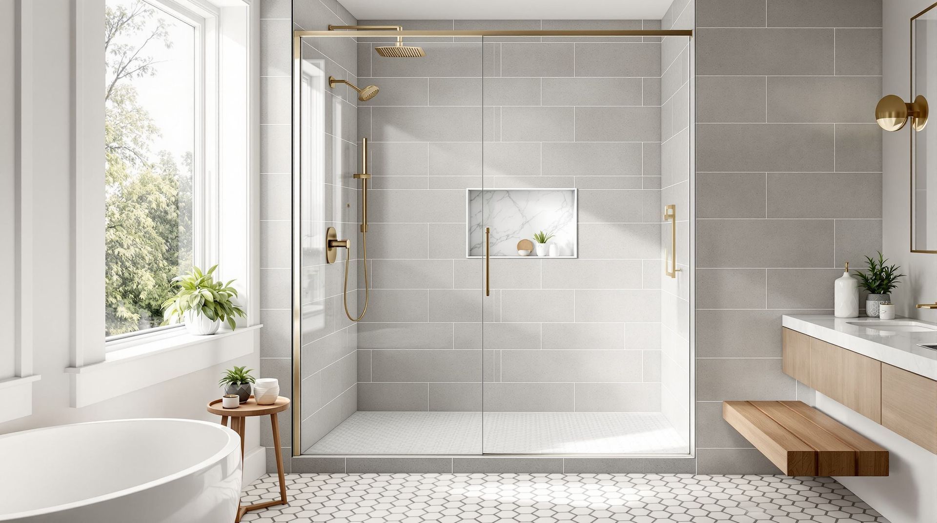 Modern gray-tile bathroom with a glass shower, freestanding tub, and wooden vanity near a bright window