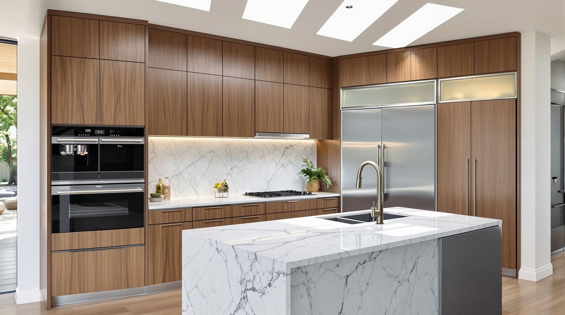 Modern kitchen with wood cabinets, stainless appliances, and a marble island under skylights