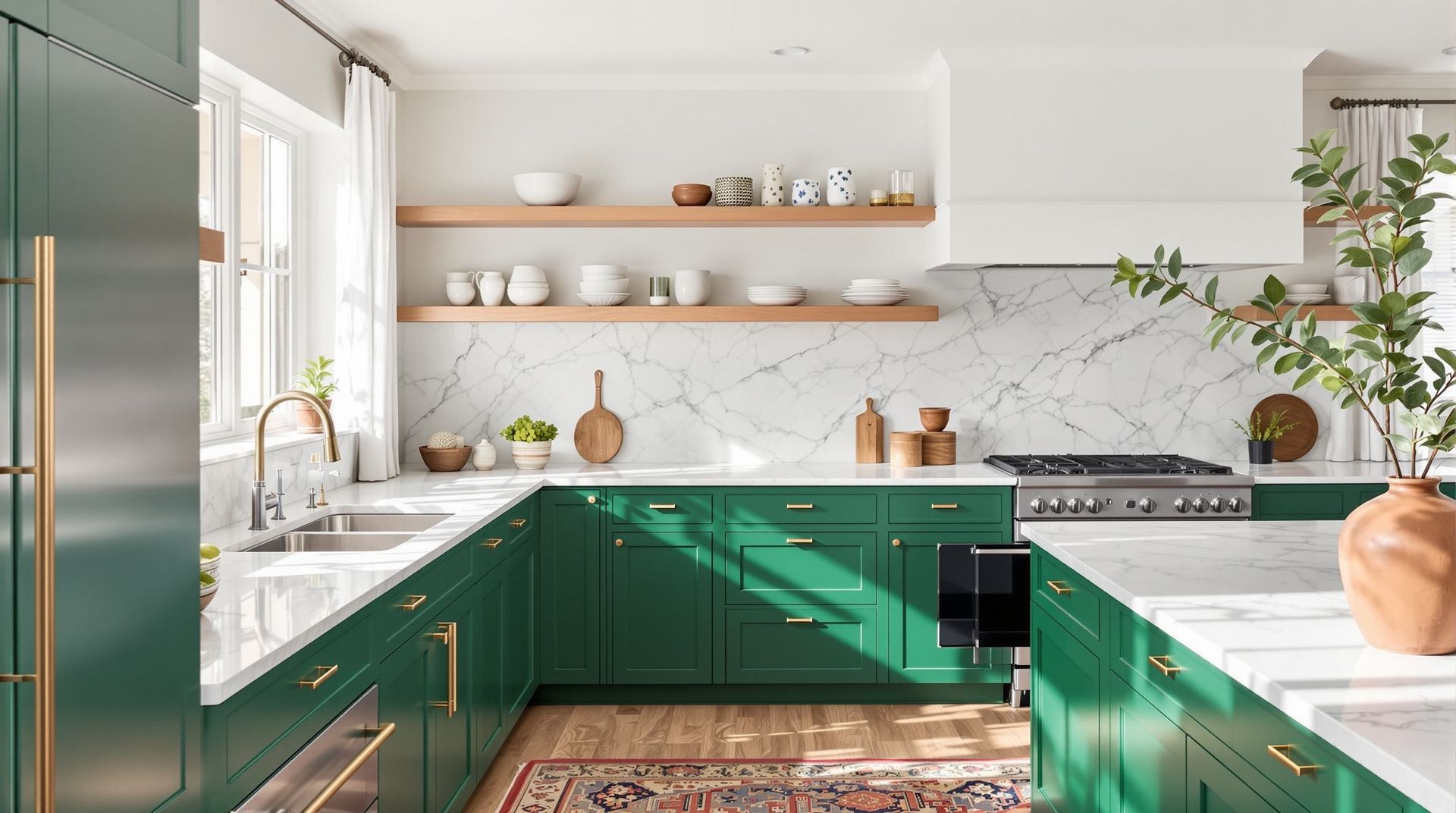 Bright modern kitchen with green cabinets, white marble countertops, open shelves, and sunlight from large windows