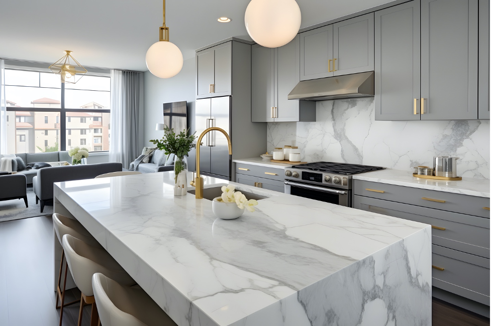 Modern kitchen with marble island, gray cabinets, brass fixtures, and large windows overlooking a city view