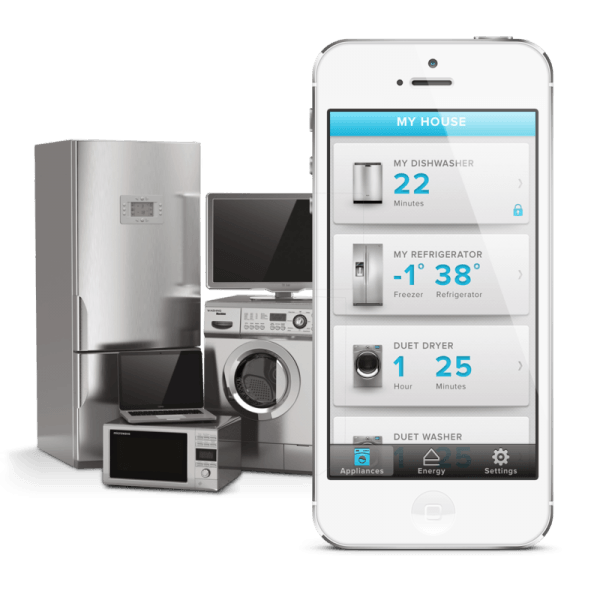 Smart home app on a smartphone beside connected appliances: fridge, TV, washer, and microwave.