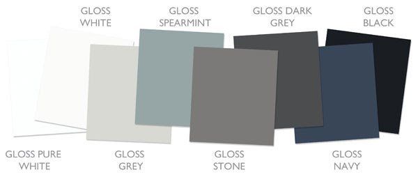 Gloss paint color swatches: white, spearmint, dark grey, black, pure white, grey, stone, navy