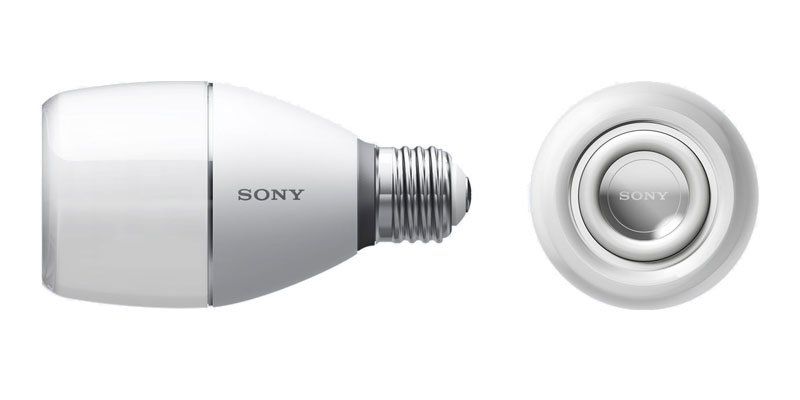 Compact white Sony light bulb shown from side and front views