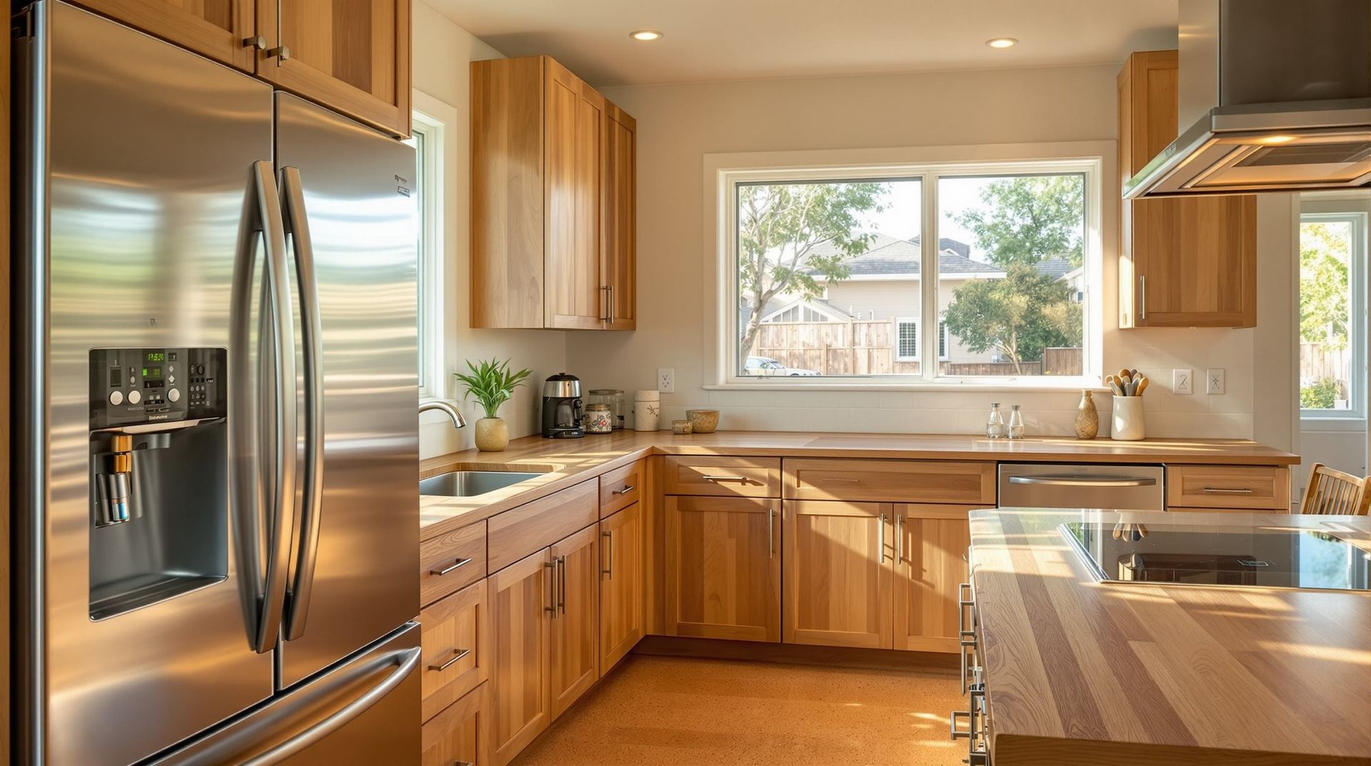 Bright modern kitchen with stainless steel appliances, wooden cabinets, and a sunlit window