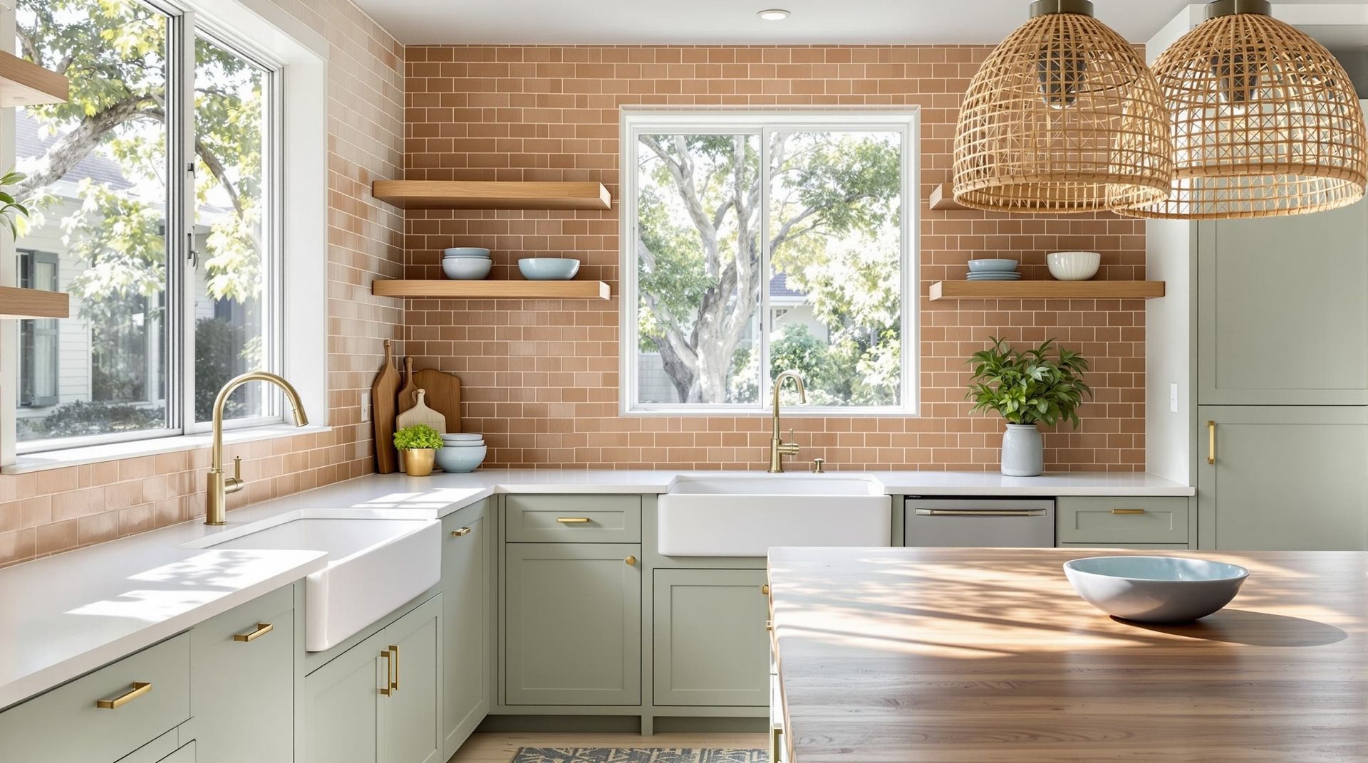 Bright modern kitchen with white cabinets, wood countertops, wicker pendant lights, and a window above the sink