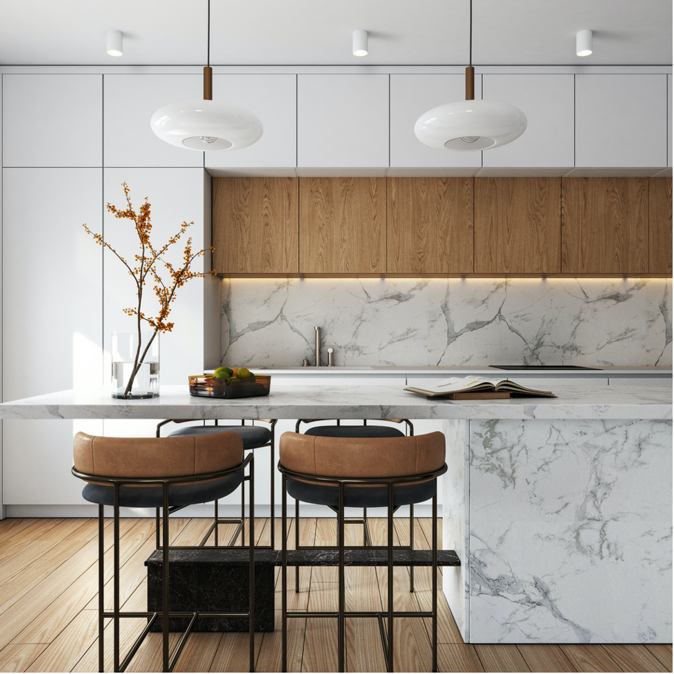 Modern white kitchen with marble island, wood accents, and two brown bar stools by a vase of branches.