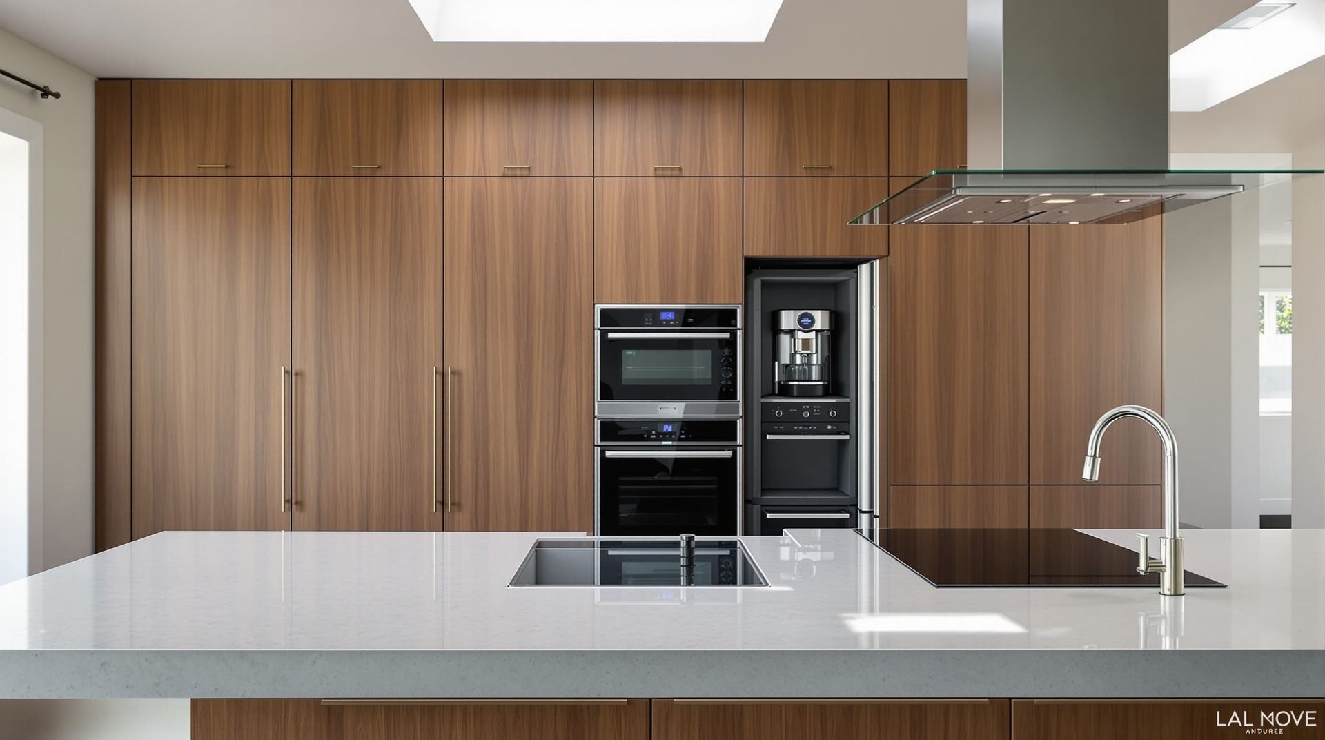Modern kitchen with wood cabinetry, built-in appliances, and a large white island countertop