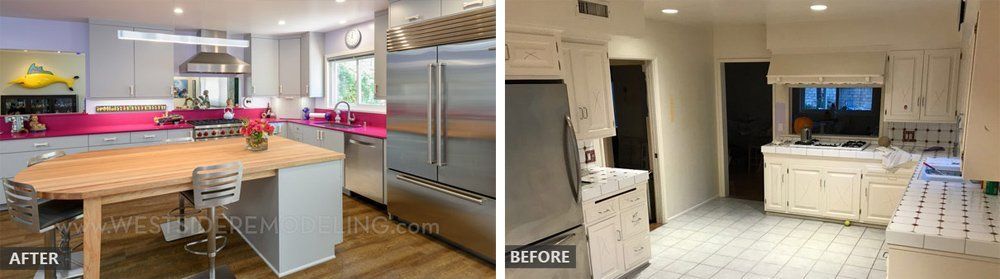 Before-and-after kitchen renovation: bright modern kitchen with white cabinets, island, and stainless steel appliances.