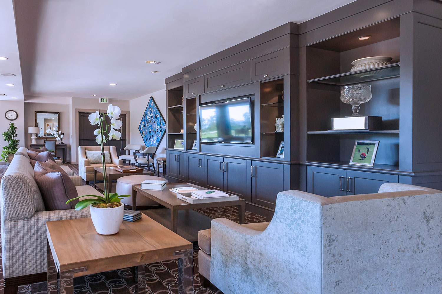 Modern living room with blue built-in cabinets, TV, sofas, and wood coffee table
