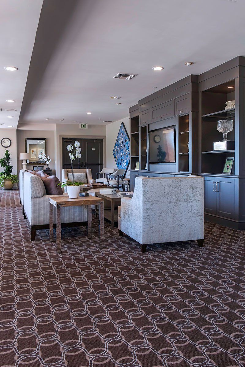 Modern hotel lobby with sofas, tables, TV, and a blue Christmas tree on patterned carpet