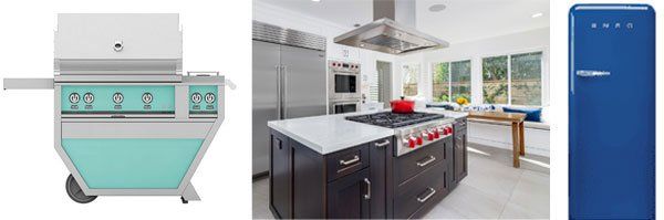 Three outdoor stainless steel grills in silver, black, and blue, shown side by side.
