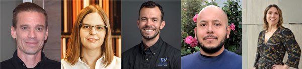 Five headshots of people in a row, with varied backgrounds and expressions