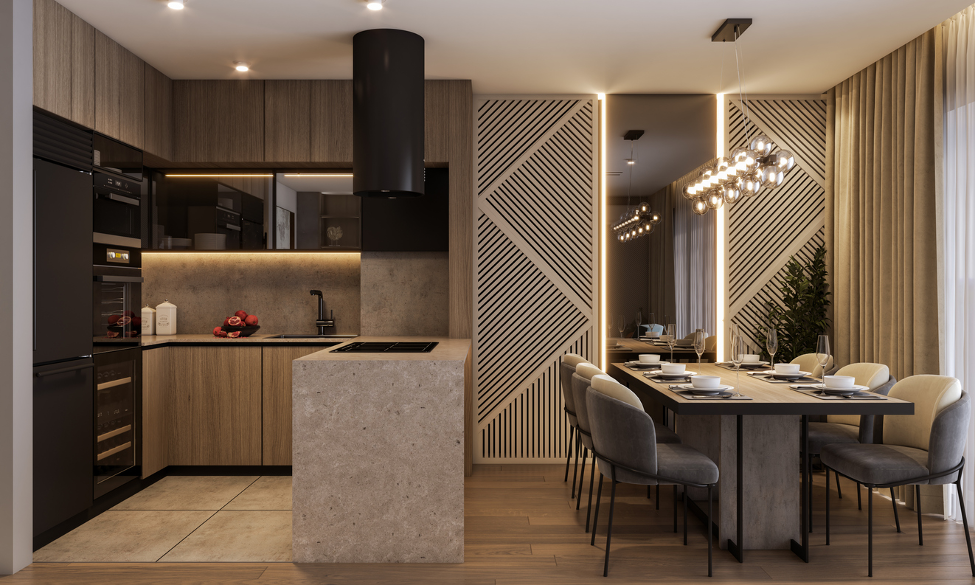 Modern open-plan kitchen and dining room with warm wood cabinetry, black accents, and a chandelier over the table