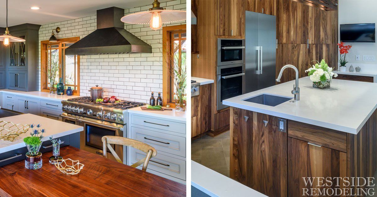 Stylish kitchen with wood island, white brick backsplash, black range hood, and modern sink area