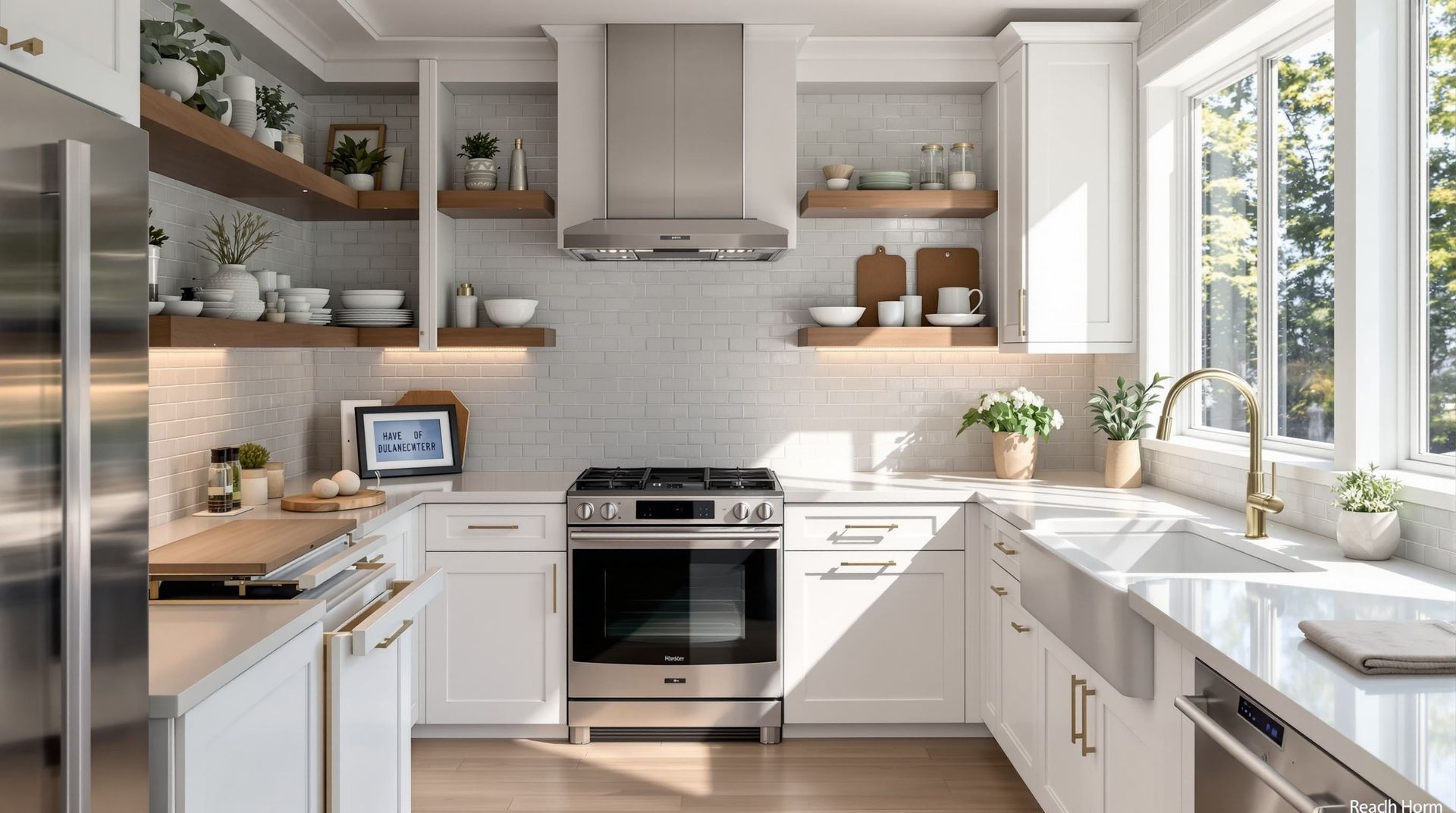 Bright modern white kitchen with stainless steel stove, open shelves, and large window over the sink.