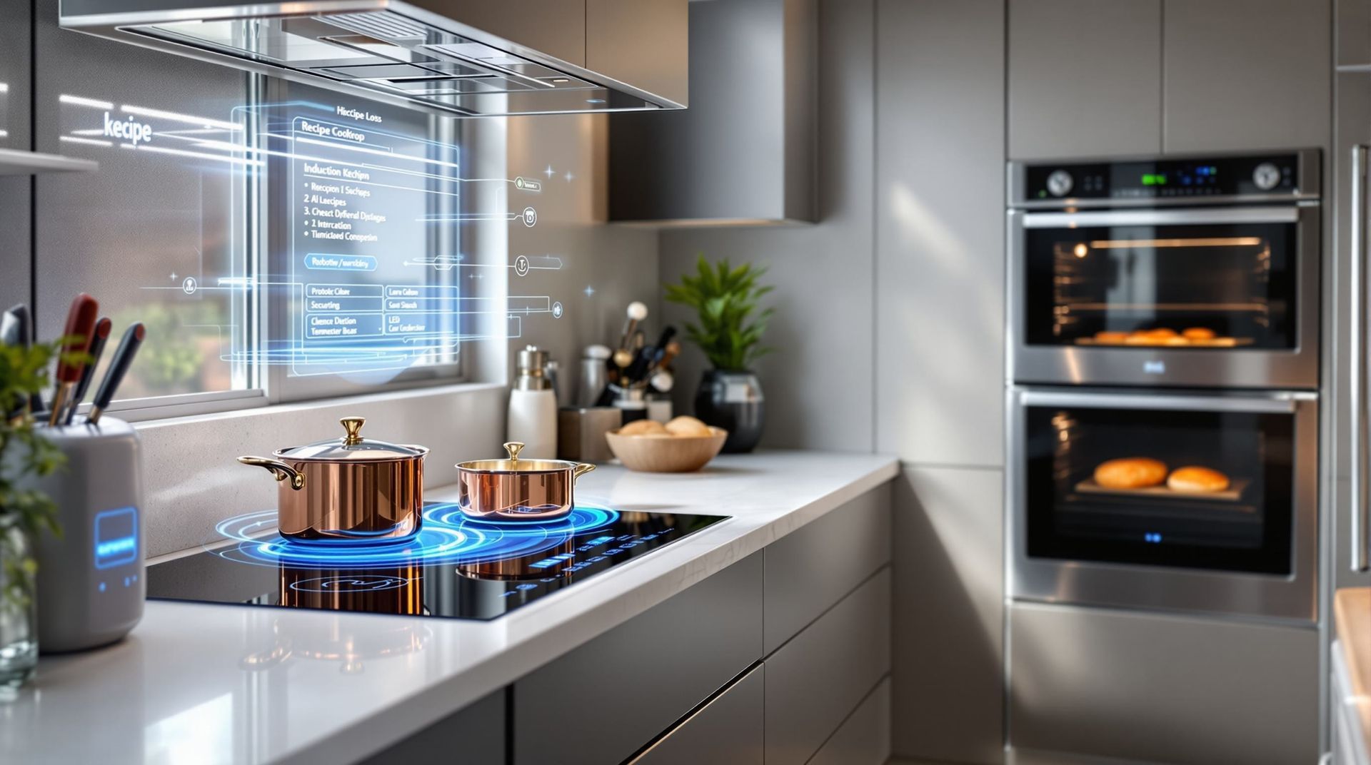 Modern kitchen with an illuminated stovetop, countertop cookware, and built-in ovens