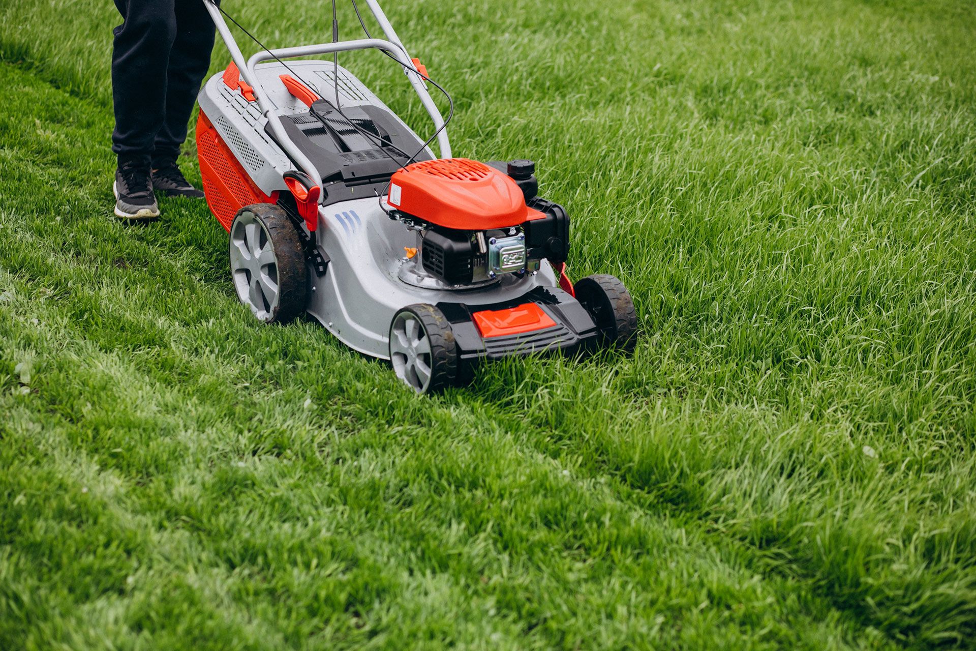 Person mowing green grass with a red and gray lawnmower in a yard.