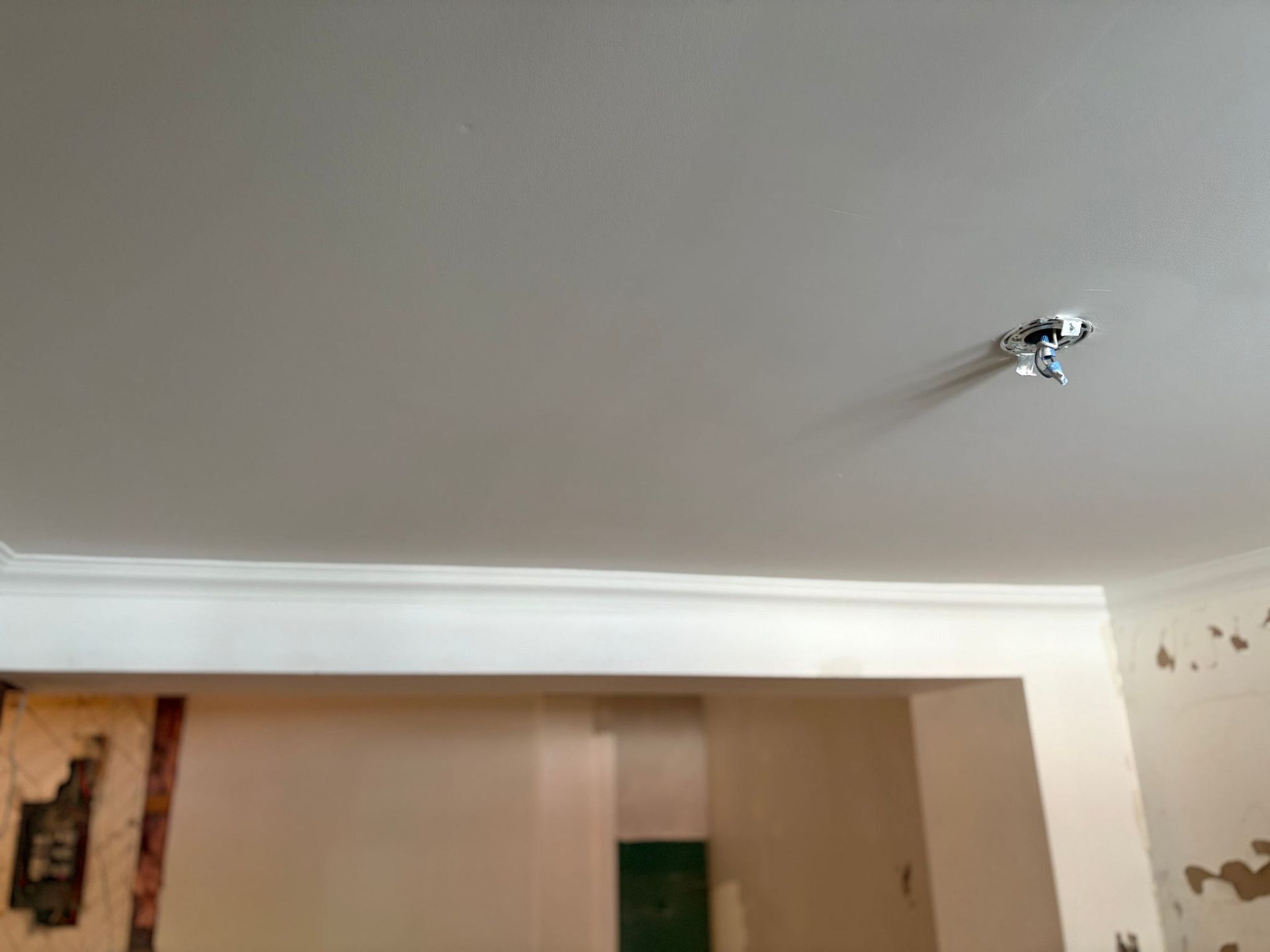 Plafond du salon endommagé avec peinture écaillée et un luminaire suspendu au-dessus d'une porte