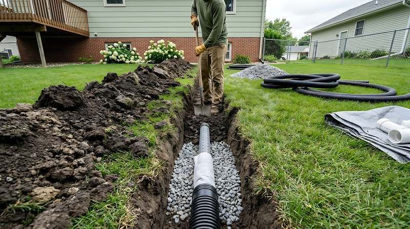 Ouvrier qui creuse une tranchée pour installer un drain français avec membrane filtrante sur un lit de gravier dans une cour arrière.