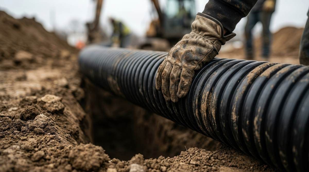 Main gantée posée sur un tuyau de drainage annelé noir au-dessus d'une tranchée sur un chantier d'excavation.