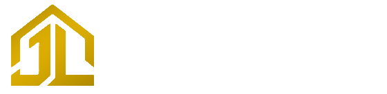 Logo géométrique doré en forme de maison avec les lettres JL stylisées sur fond blanc