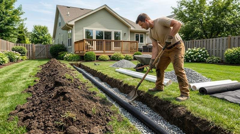 Ouvrier qui remblaie avec du gravier un tuyau de drainage installé dans une tranchée de la cour arrière d'une maison.