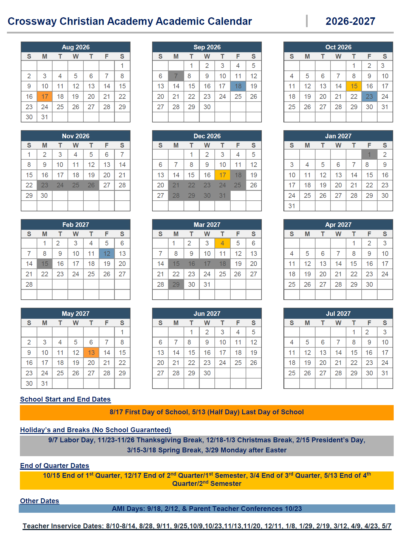 Academic calendar for 2023-2024. Months are displayed with key dates highlighted in different colors.