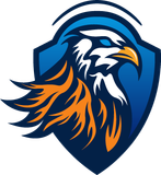 Eagle head in profile, orange and white details, blue shield-shaped frame.